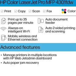 HP LaserJet Pro LJP 4301fdw Wireless Color Laser Printer, All-In-One, Print, Scan, Copy, Fax (4RA82F)