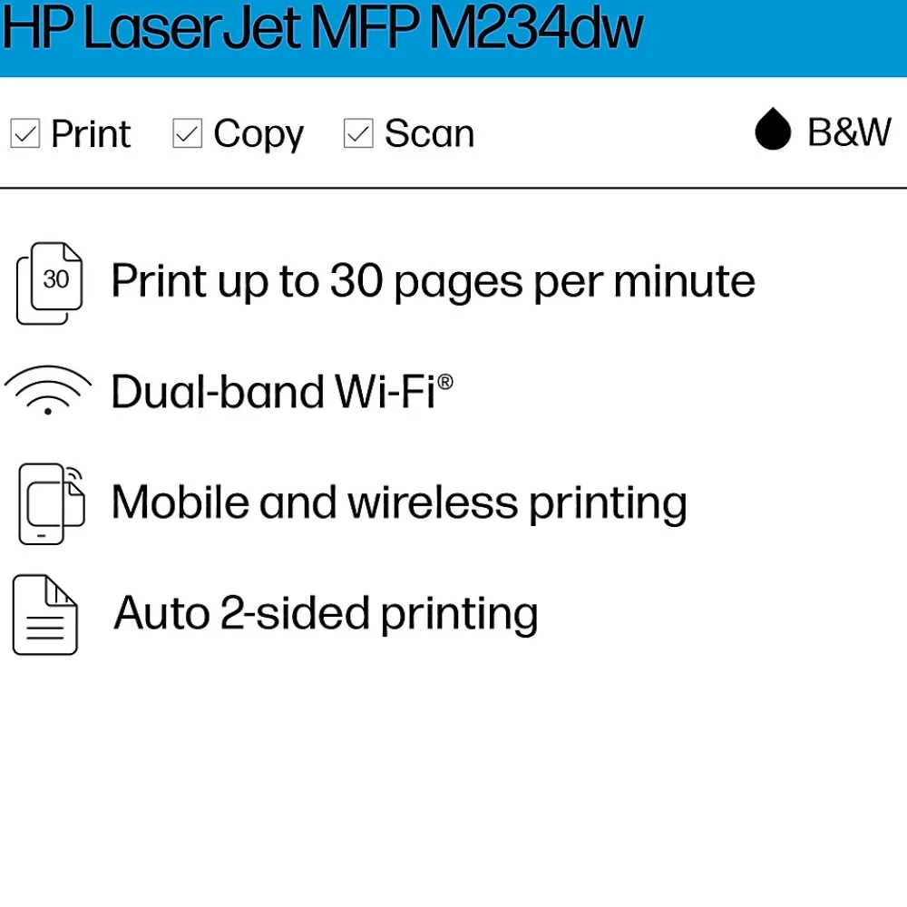 HP LaserJet Pro MFP M234dw Wireless Black & White Laser Printer, All-In-One, Print, Scan, Copy, Best for Home Office (6GW99F)