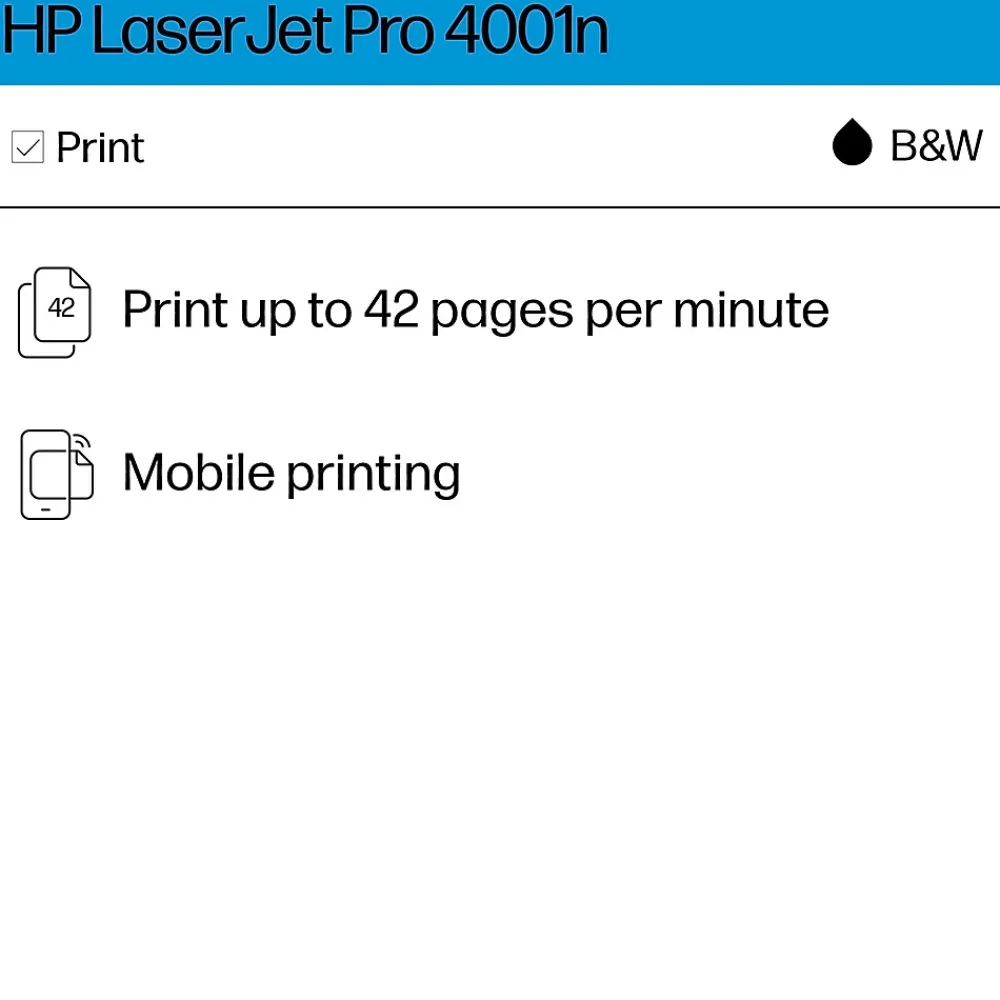 HP LaserJet Pro 4001n Wired Black & White Laser Printer, Single Function Print, Best for Office (2Z599F)