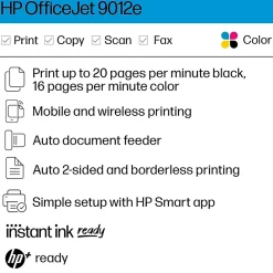 HP OfficeJet 9012e Wireless All-in-One Color Inkjet Printer, Duplex, Best for home office, 6 mo. Instant Ink with + (1G5L4A)