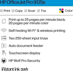 HP OfficeJet Pro 9135e Wireless Color Inkjet Printer, All-In-One, Print, Scan, Copy, Fax, 3 Months FREE INK with + (404M0A)