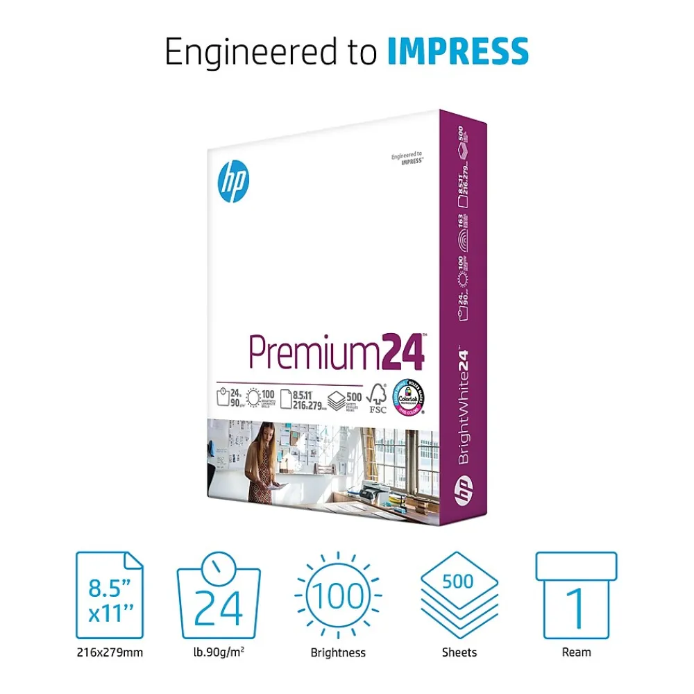 Multipurpose Paper*HP Premium24 8.5" x 11" Laser Paper, 24 lbs., 100 Brightness, 500 Sheets/Ream (J1124)