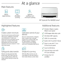 HP Scanjet Pro N4000 Snw1 Duplex Desktop Document Scanner, White (6FW08A#BGJ)