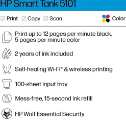 HP Smart Tank 5101 Wireless All-in-One Color Ink Tank Printer Scanner Copier, 2 years ink included (1F3Y0A)