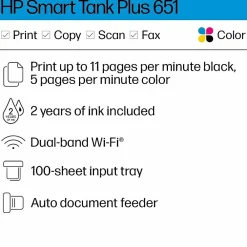HP Smart Tank Plus 651 Wireless All-in-One Ink Tank Printer with up to 2 Years of Ink Included (7XV38A)