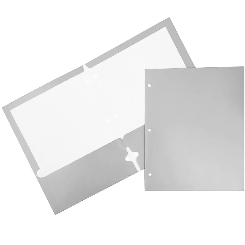 Pocket Folders|JAM Paper Laminated Glossy 3 Hole Punch Two-Pocket Folders, Silver, 50/Box (385GHPSIC)