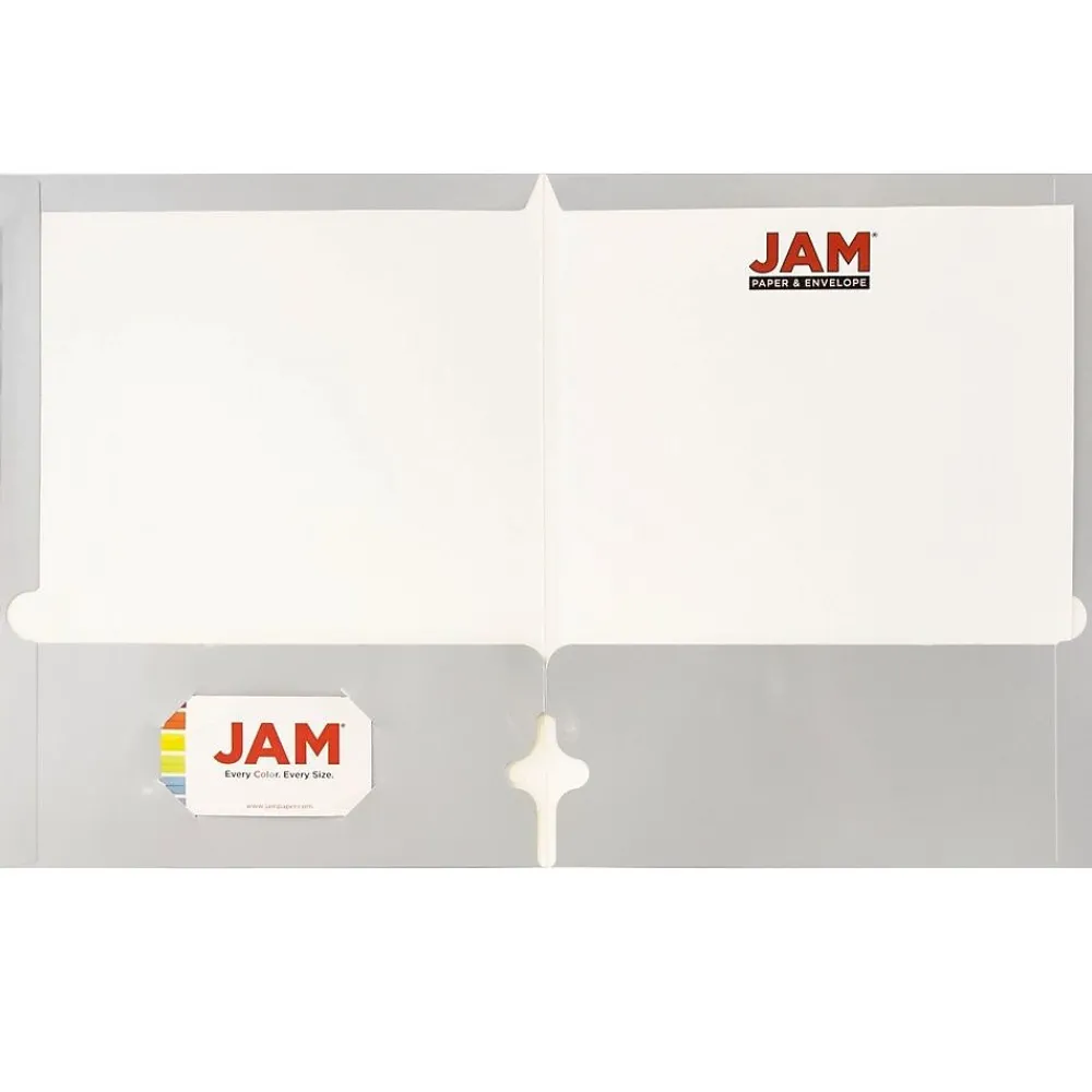 Pocket Folders|JAM Paper Laminated Glossy 3 Hole Punch Two-Pocket Folders, Silver, 50/Box (385GHPSIC)