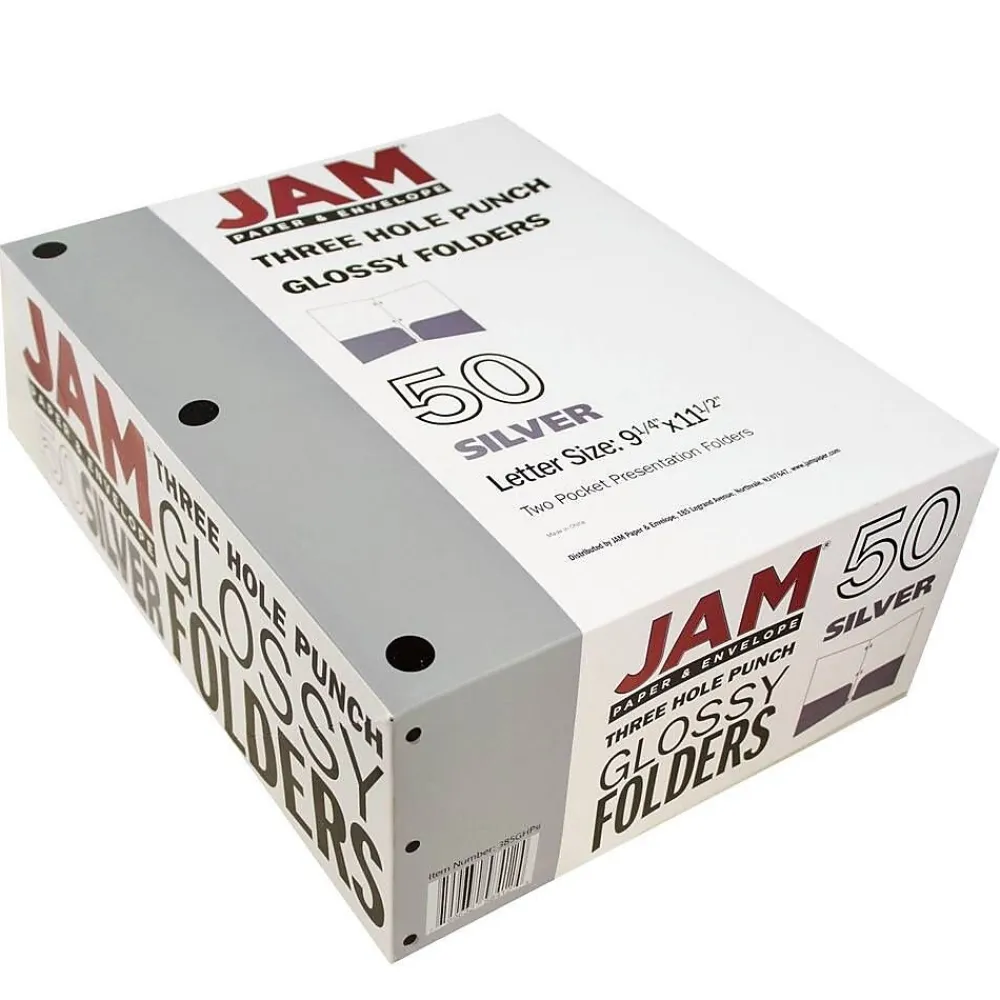 Pocket Folders|JAM Paper Laminated Glossy 3 Hole Punch Two-Pocket Folders, Silver, 50/Box (385GHPSIC)