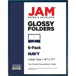 Pocket Folders|JAM Paper Laminated Two Glossy 2 Pocket Cardstock Presentation Folder, Navy Blue, 50/Box (5042523C)