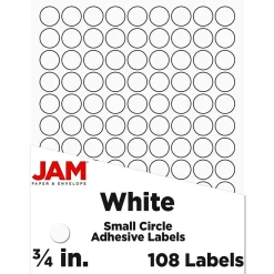 Labels|JAM Paper Laser/Inkjet Round Multipurpose Labels, 0.75" Dia, White, 108/Pack (3147612190)