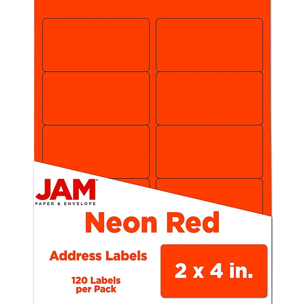 Hot JAM Paper Laser/Inkjet Shipping Labels, 2" x 4", , 10 Labels/Sheet, 12 Sheets/Pack (354328034) Neon Red