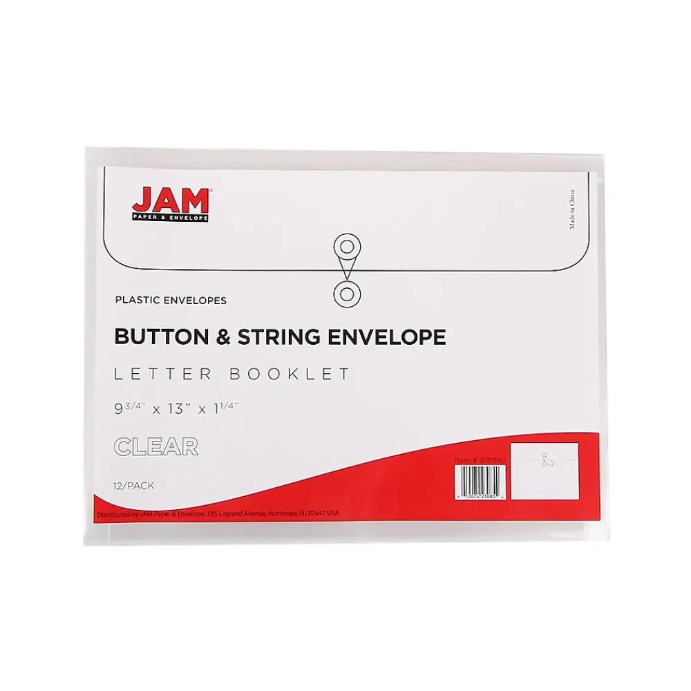 Outlet JAM Paper ® Plastic Envelopes with Button and String Tie Closure, Letter Size, Clear, 12/Pack (218B1CL)