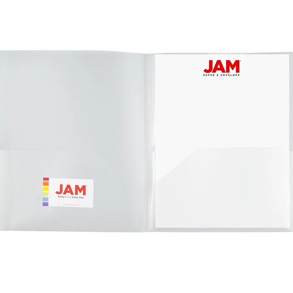 Pocket Folders|JAM Paper 6-Pocket Heavy Duty Plastic Folders, Clear, 2/Pack (389MP6cl)
