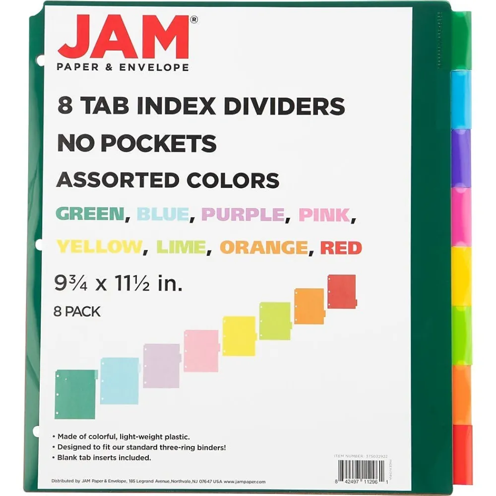 Dividers|JAM Paper Poly Dividers, 8-Tab, Assorted Colors, 6 Packs (375032922A)