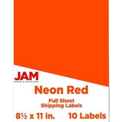 New JAM Paper Shipping Labels, Full Page, 8 1/2 x 11 Sticker Paper, , 1 Label/Sheet, 10 Labels/Pack (337628604) Neon Red