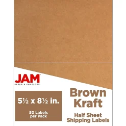 JAM Paper Shipping Labels, Half Page, 5 1/2" x 8 1/2", , 2 Labels/Sheet, 25 Sheets/Pack (359430338) Brown Kraft