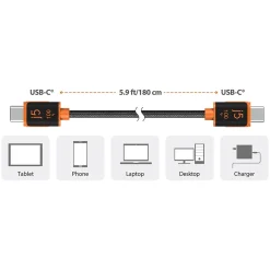 j5create 5.9' USB C to USB C Power Cable, Male to Male, Black (JUCX25L18)