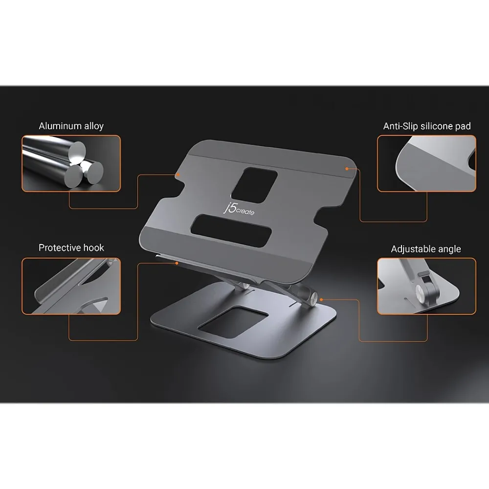 Aluminum Multi-Angle Laptop Stand for Up to 16" Laptops, 11.4" x 8.9", Space Gray (JTS127)<j5create Clearance