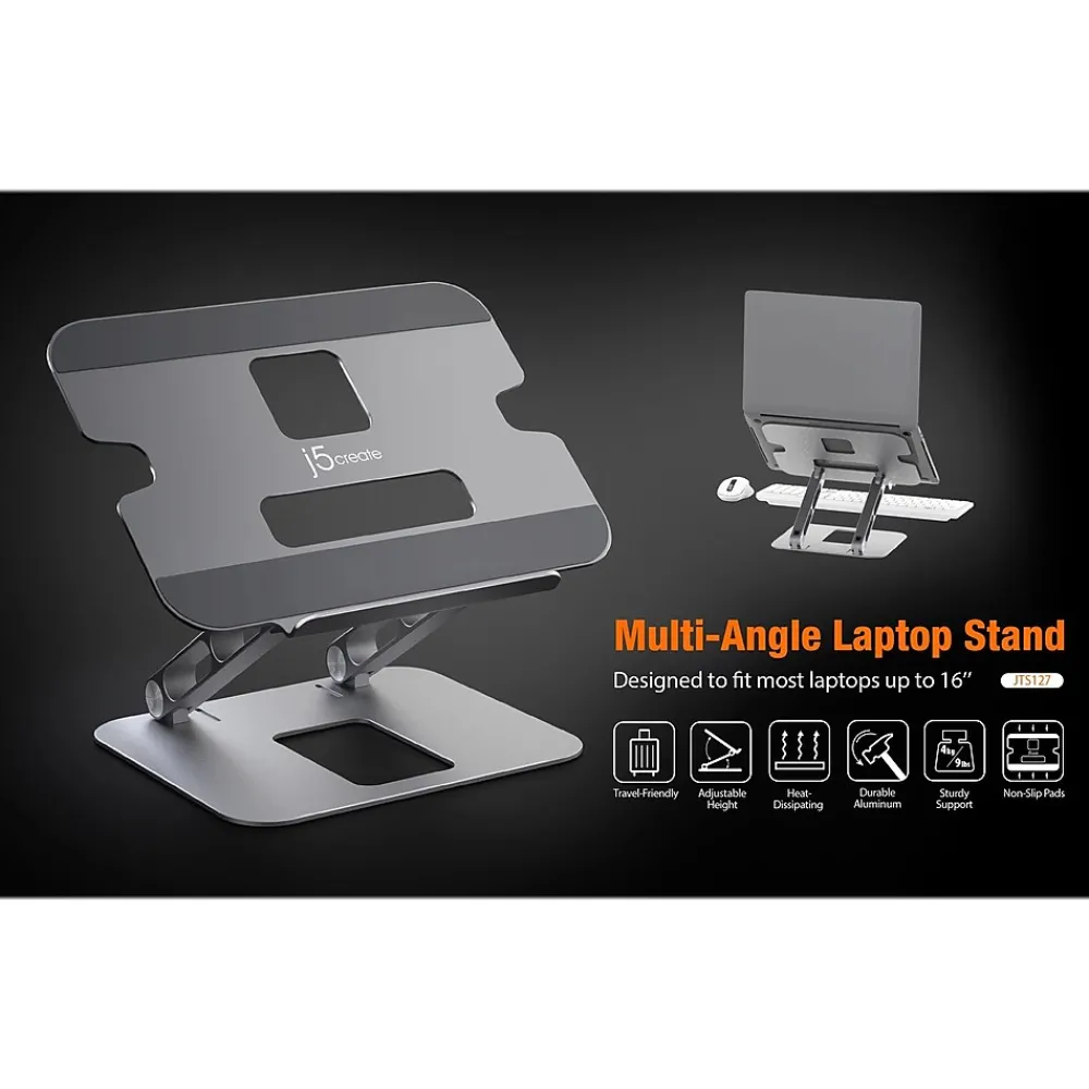 Aluminum Multi-Angle Laptop Stand for Up to 16" Laptops, 11.4" x 8.9", Space Gray (JTS127)<j5create Clearance