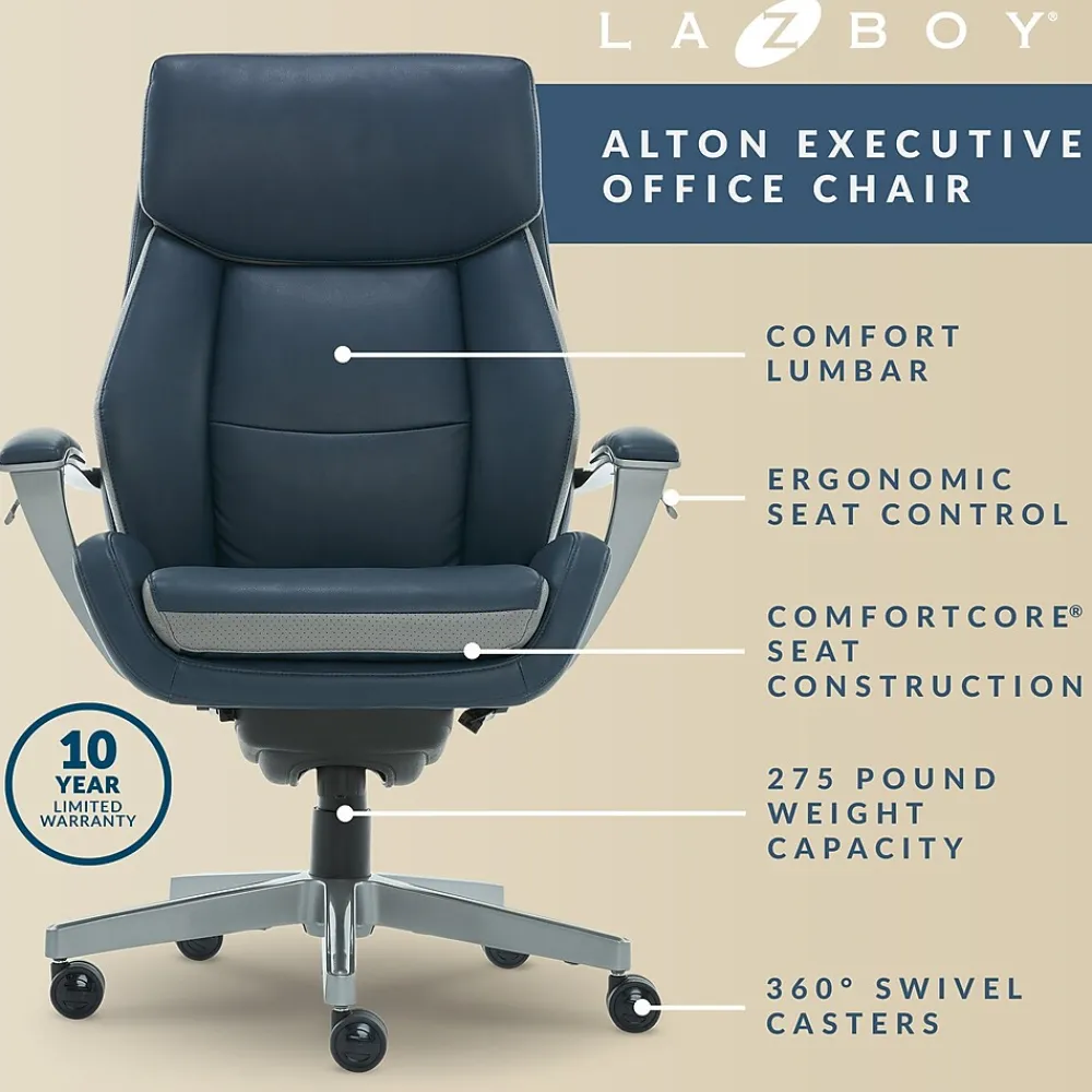 Office Chairs*La-Z-Boy Alton Ergonomic Bonded Leather Swivel Executive Chair, (60029-DS) Blue
