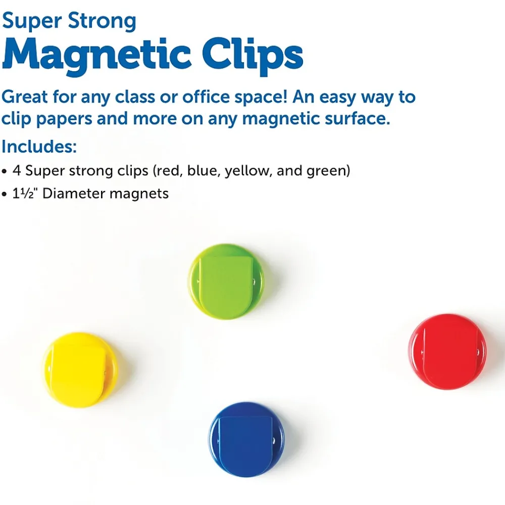 Clips & Fasteners|Learning Resources Super Strong Magnetic Clips 1.5" in Diameter, Assorted, Pack of 4 (LER2692)