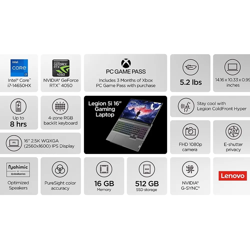 Clearance Lenovo Legion 5 16" QHD 165Hz Gaming Laptop, NVIDIA GeForce RTX 4050, Intel Core i7-14650HX, 16GB, 512GB SSD, Windows 11 Home