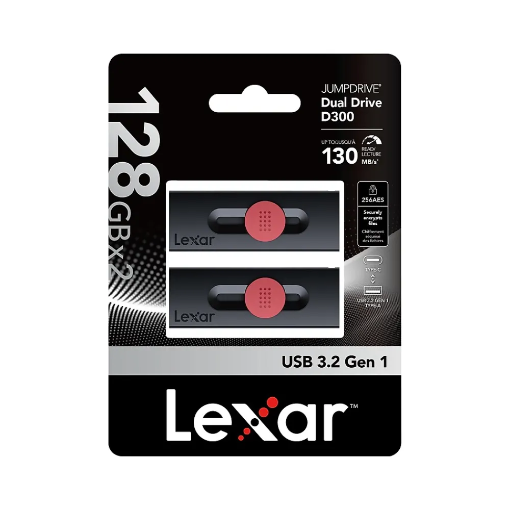 Outlet Lexar JumpDrive D300 Dual 128GB USB 3.2 Gen 1 Type-C/Type-A Flash Drive, Black/Red, 2/Pack (LJDD300128G-B2BNU)