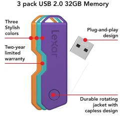 Clearance Lexar Twist Turn2 32GB USB 2.0 Type-A Flash Drive, Teal/Purple/Orange, 3/Pack (LJDTT2-32GABNA3)