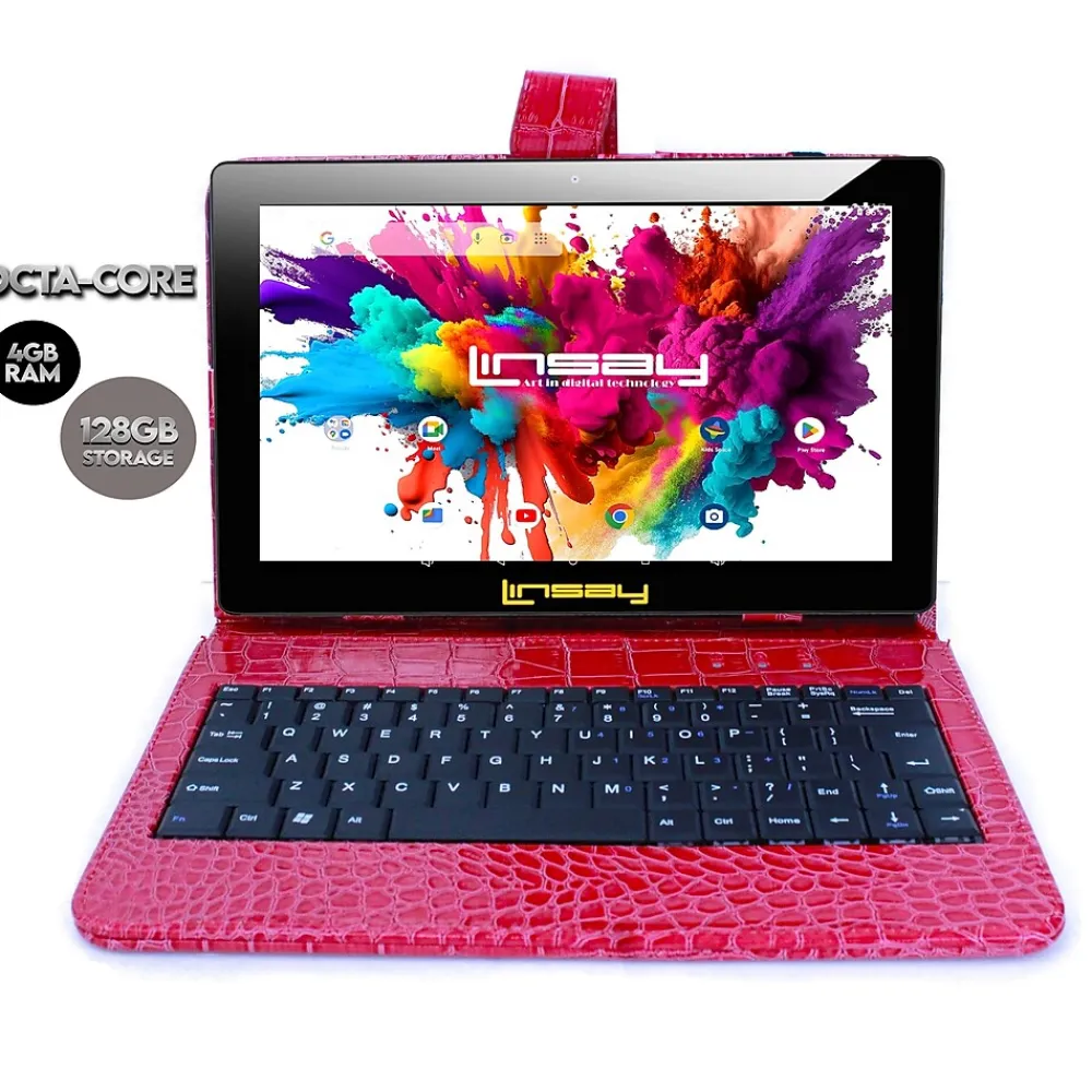 Octa Core 10.1" Tablet, 4GB RAM, 128GB Storage, Android 13, Bundled with Red Crocodile Keyboard and Stylus Pen<Linsay Clearance