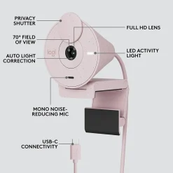 Outlet Logitech Brio 300 Full HD 1080p Webcam, 2 Megapixels, Rose (960-001447)