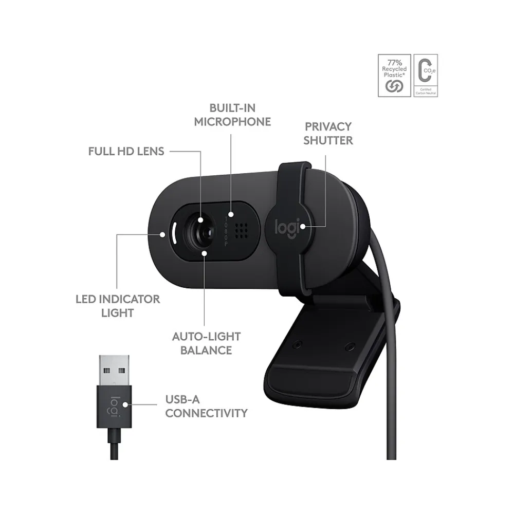 Sale Logitech Brio 100 Full HD 1080p Webcam, 2 Megapixels, Graphite (960-001580)