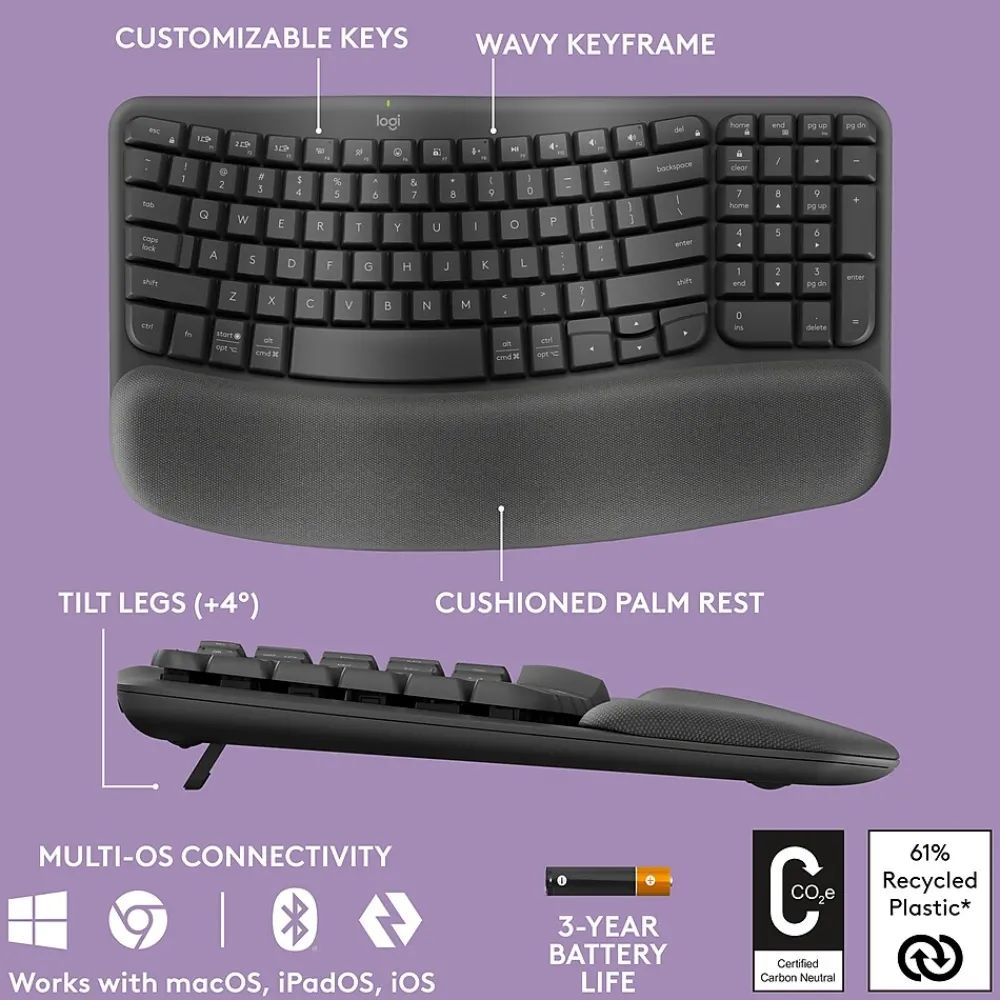 New Logitech Ergo Series Wave Keys Wireless Ergonomic Keyboard, Graphite (920-011898)