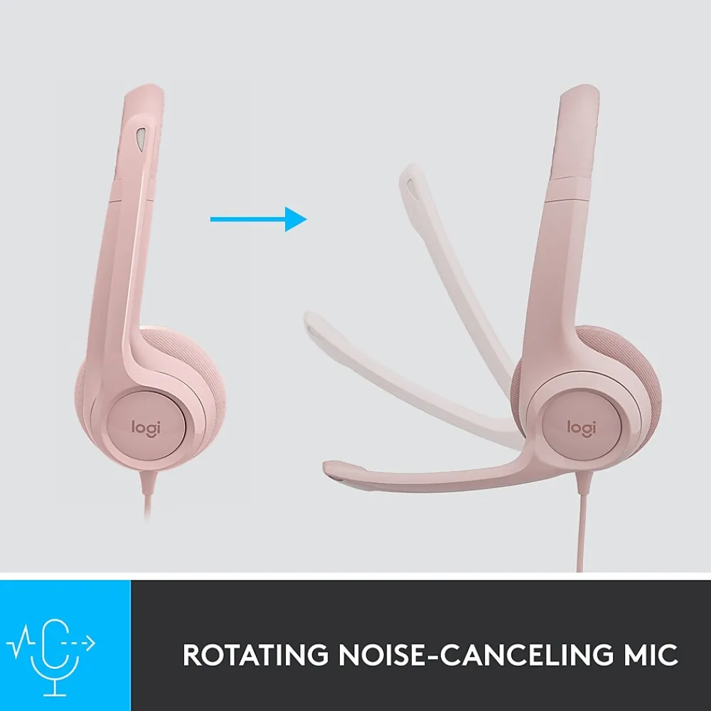 Hot Logitech H390 Wired Headset For PC/Laptop, Rose Noise Canceling Stereo Computer Headset, USB-A (981-001280)