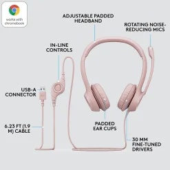 Hot Logitech H390 Wired Headset For PC/Laptop, Rose Noise Canceling Stereo Computer Headset, USB-A (981-001280)
