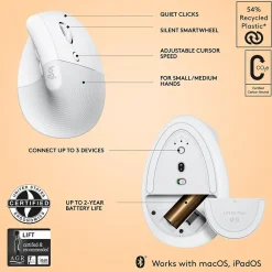 Logitech Lift Vertical Ergonomic Wireless Optical Mouse for Mac, (910-006471) White