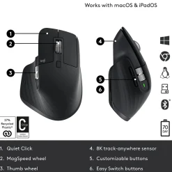 New Logitech MX Master 3S Wireless Ergonomic Optical Bluetooth & USB Mouse, Black (910-006556)