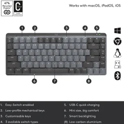 Outlet Logitech MX Mechanical Mini Illuminated Wireless Ergonomic Keyboard, Black/Gray (920-010551)