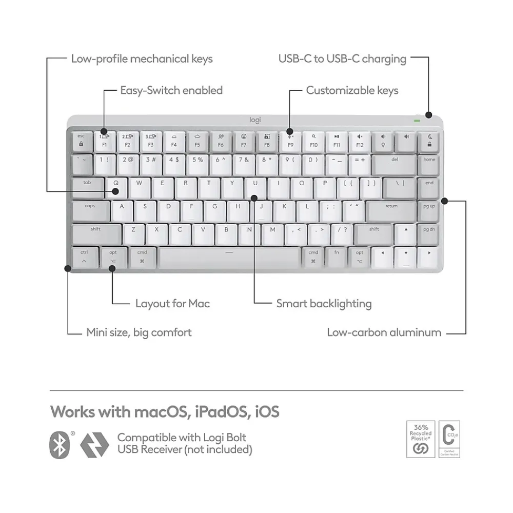 New Logitech MX Mechanical Mini for Mac Wireless Ergonomic Keyboard, Pale Gray (920-010553)