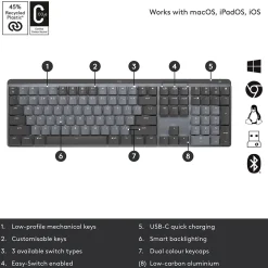 Outlet Logitech MX Mechanical Tactile Quiet Wireless Ergonomic Keyboard, Graphite (920-010547)