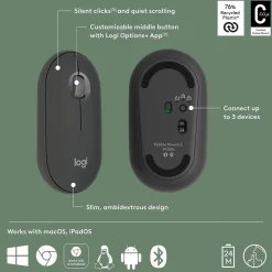Clearance Logitech Pebble Mouse 2 M350s Wireless Ambidextrous Optical Mouse, (910-007024) Tonal Graphite