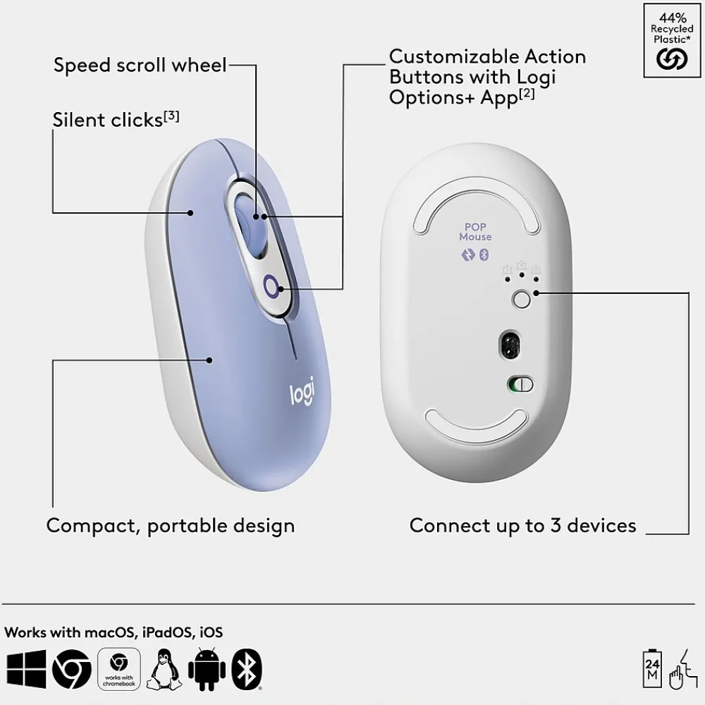 Discount Logitech POP Wireless Ambidextrous Optical Mouse, Lilac (910-007410)