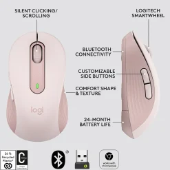 Hot Logitech Signature M650 Wireless Ergonomic Optical Bluetooth & USB Mouse, (910-006251) Rose