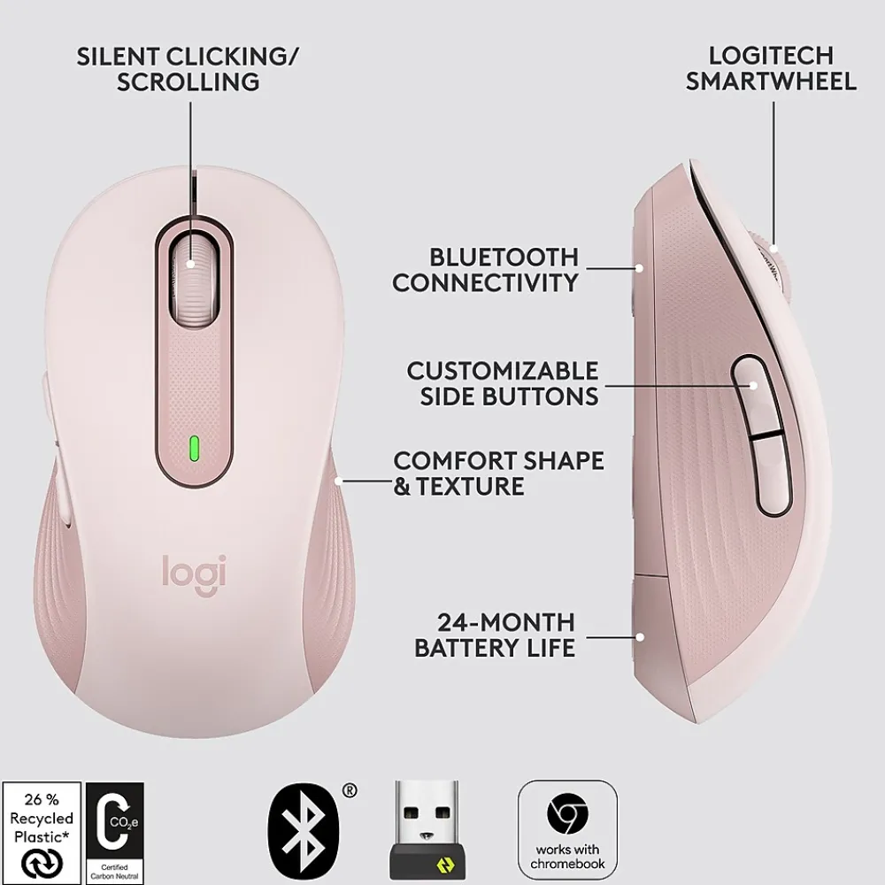 Hot Logitech Signature M650 Wireless Ergonomic Optical Bluetooth & USB Mouse, Rose (910-006251)