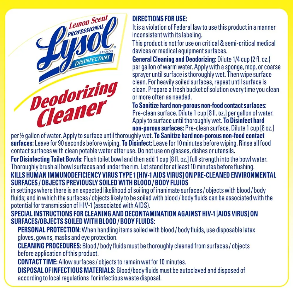 Professional Disinfecting Deodorizing Cleaner, Concentrate, Lemon Scent, 128 oz. (3624176334)<Lysol Clearance