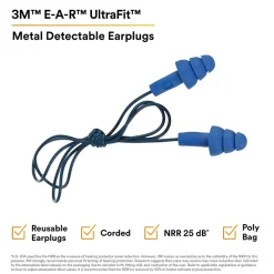 E-A-R 3M UltraFit Earplugs, Metal Detectable, Corded, Poly Bag, 100 Pair/Case (340-4007)