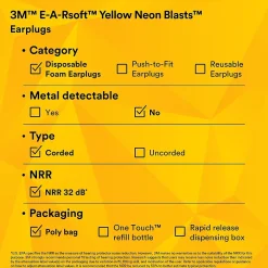 3M E-A-Rsoft Yellow Neon Blasts Earplugs, Corded, Poly Bag, Regular Size, 200 Pairs/Pack(311-1252)