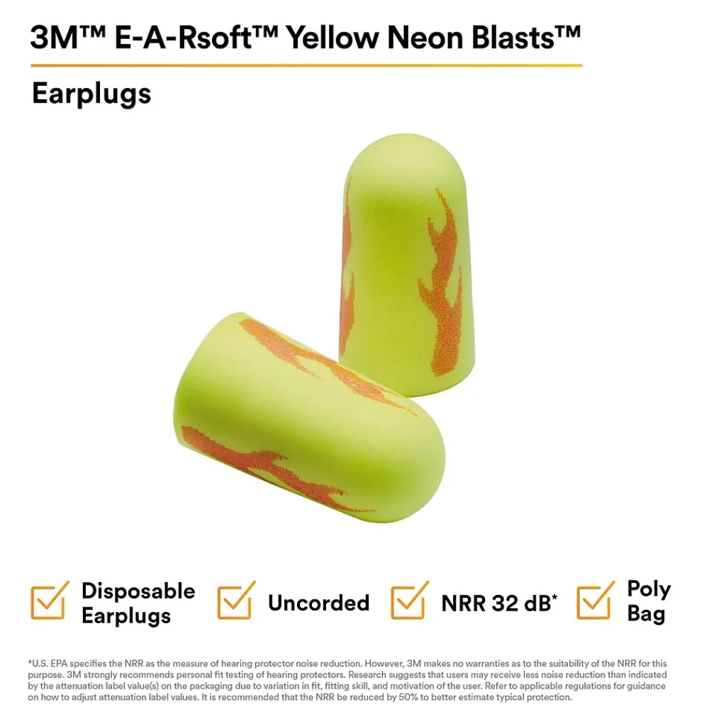 E-A-R 3M soft Yellow Neon Blasts Earplugs, Uncorded, Poly Bag, Regular Size, 200 Pairs/Case (312-1252)