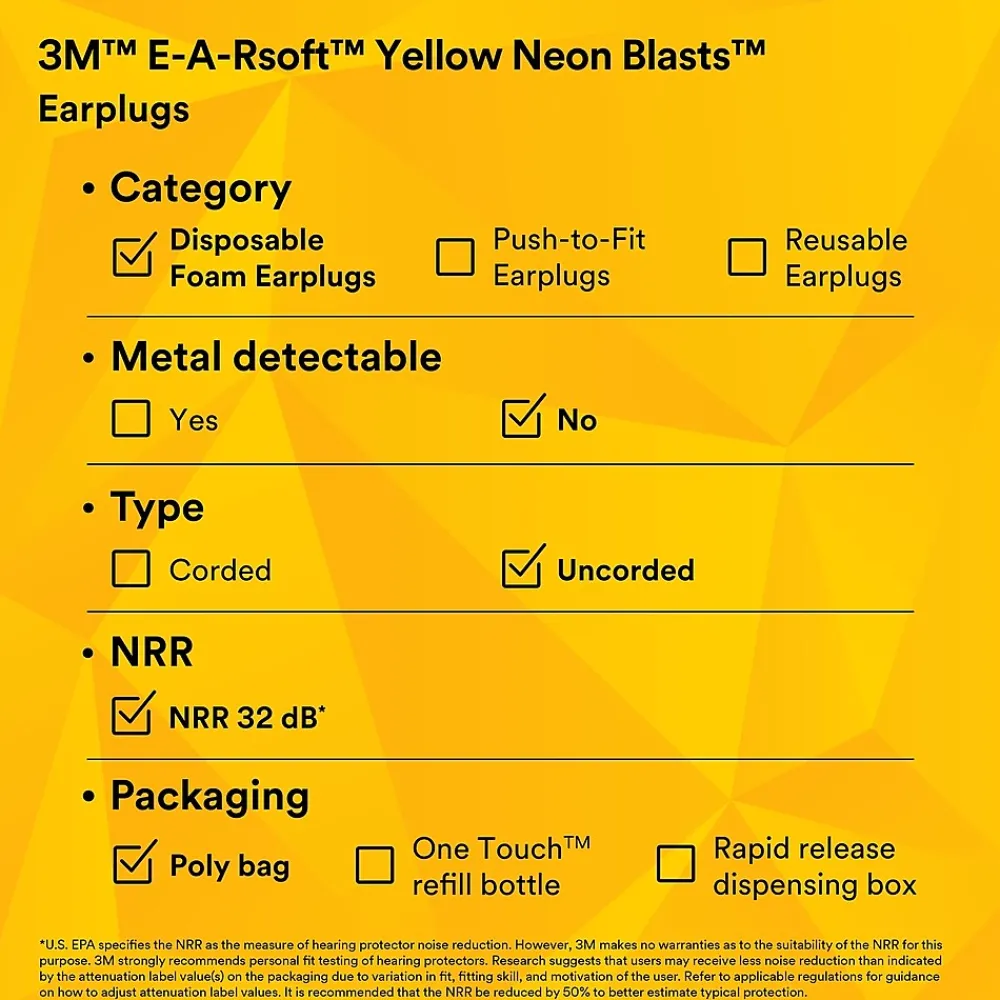 E-A-R 3M soft Yellow Neon Blasts Earplugs, Uncorded, Poly Bag, Regular Size, 200 Pairs/Case (312-1252)