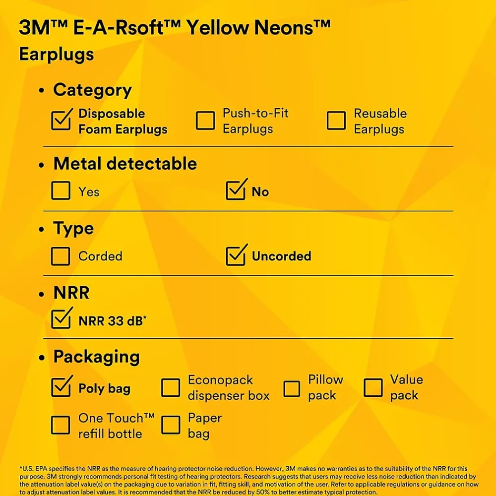 3M E-A-Rsoft Yellow Neons Earplugs 312-1250, Uncorded, Poly Bag, 200 Pairs/Case (312-1250)