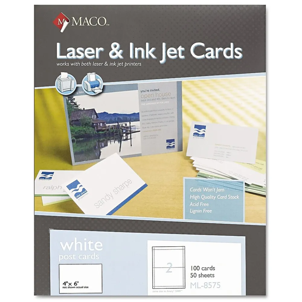 Index Cards*Maco Laser and Ink Jet Post Cards, 2 Up, 6"x4", White, 100/Bx